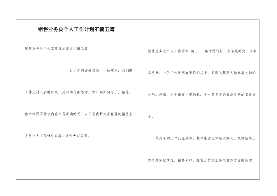 销售业务员个人工作计划汇编五篇_第1页