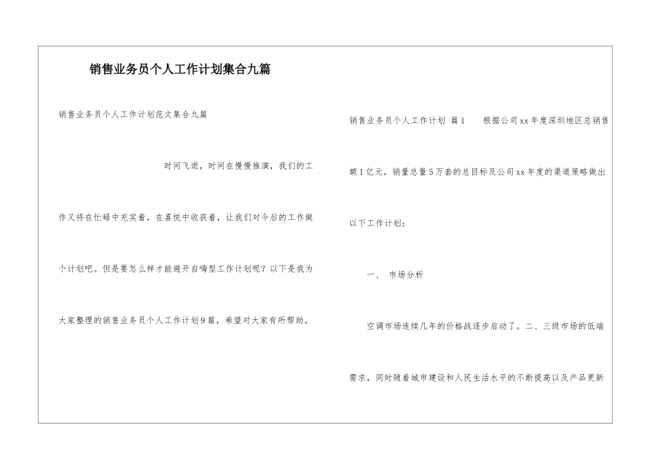 销售业务员个人工作计划集合九篇_第1页