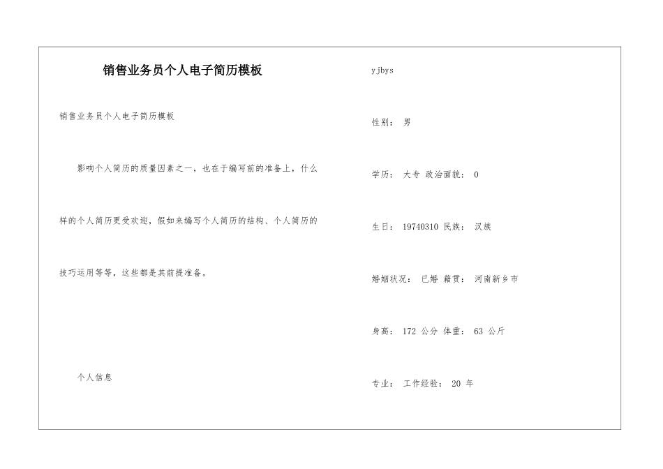 销售业务员个人电子简历模板_第1页