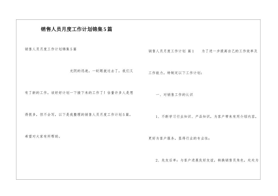 销售人员月度工作计划锦集5篇_第1页