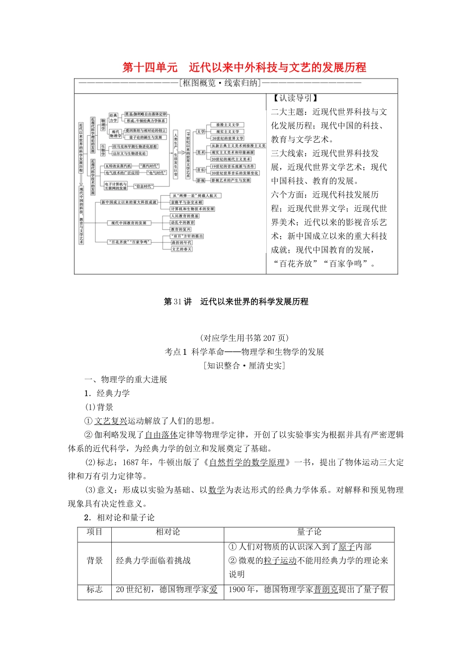 2020版高考历史一轮复习 模块3 第14单元 近代以来中外科技与文艺的发展历程 第31讲 近代以来世界的科学发展历程教学案（含解析）新人教版-新人教版高三全册历史教学案_第1页
