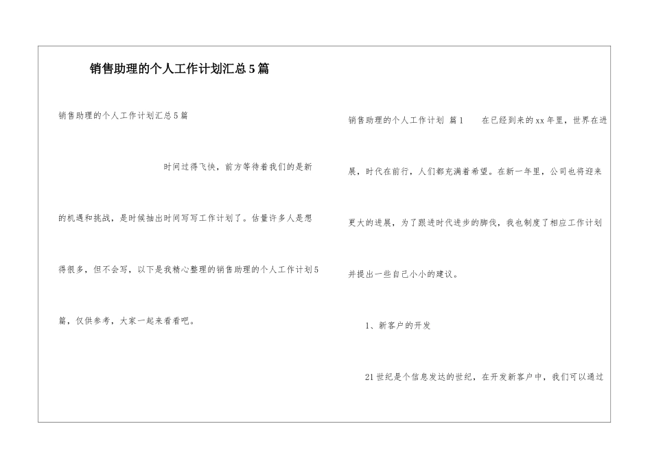 销售助理的个人工作计划汇总5篇_第1页