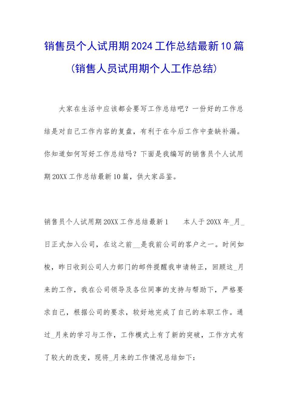 销售员个人试用期2024工作总结最新10篇_第1页