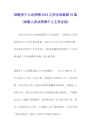 销售员个人试用期2024工作总结最新10篇