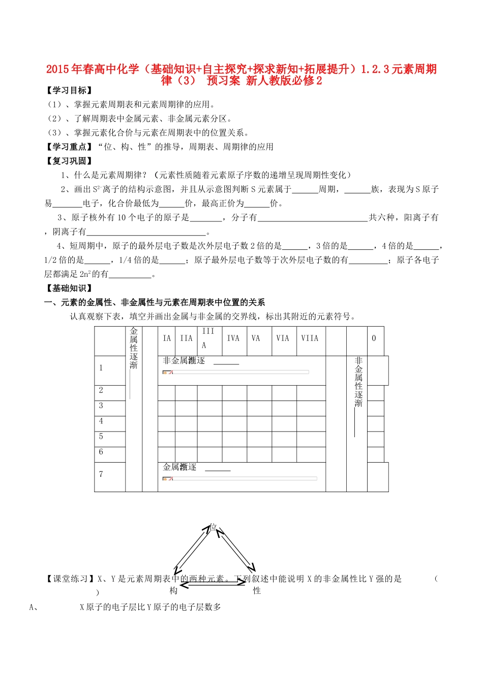 2015年春高中化学（基础知识+自主探究+探求新知+拓展提升）1.2.3元素周期律（3） 预习案 新人教版必修2_第1页