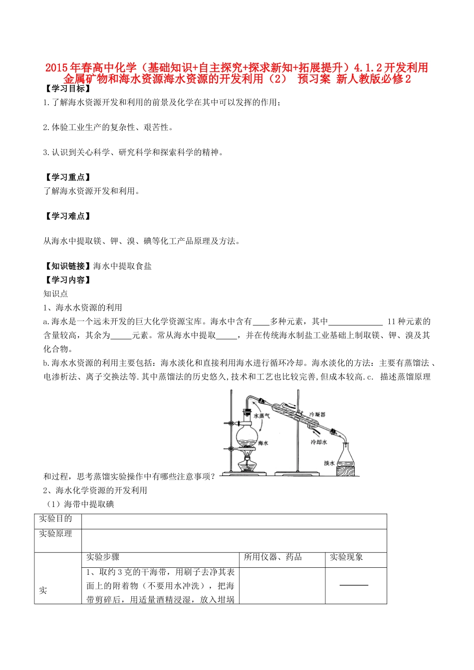 2015年春高中化学（基础知识+自主探究+探求新知+拓展提升）4.1.2开发利用金属矿物和海水资源海水资源的开发利用（2） 预习案 新人教版必修2_第1页