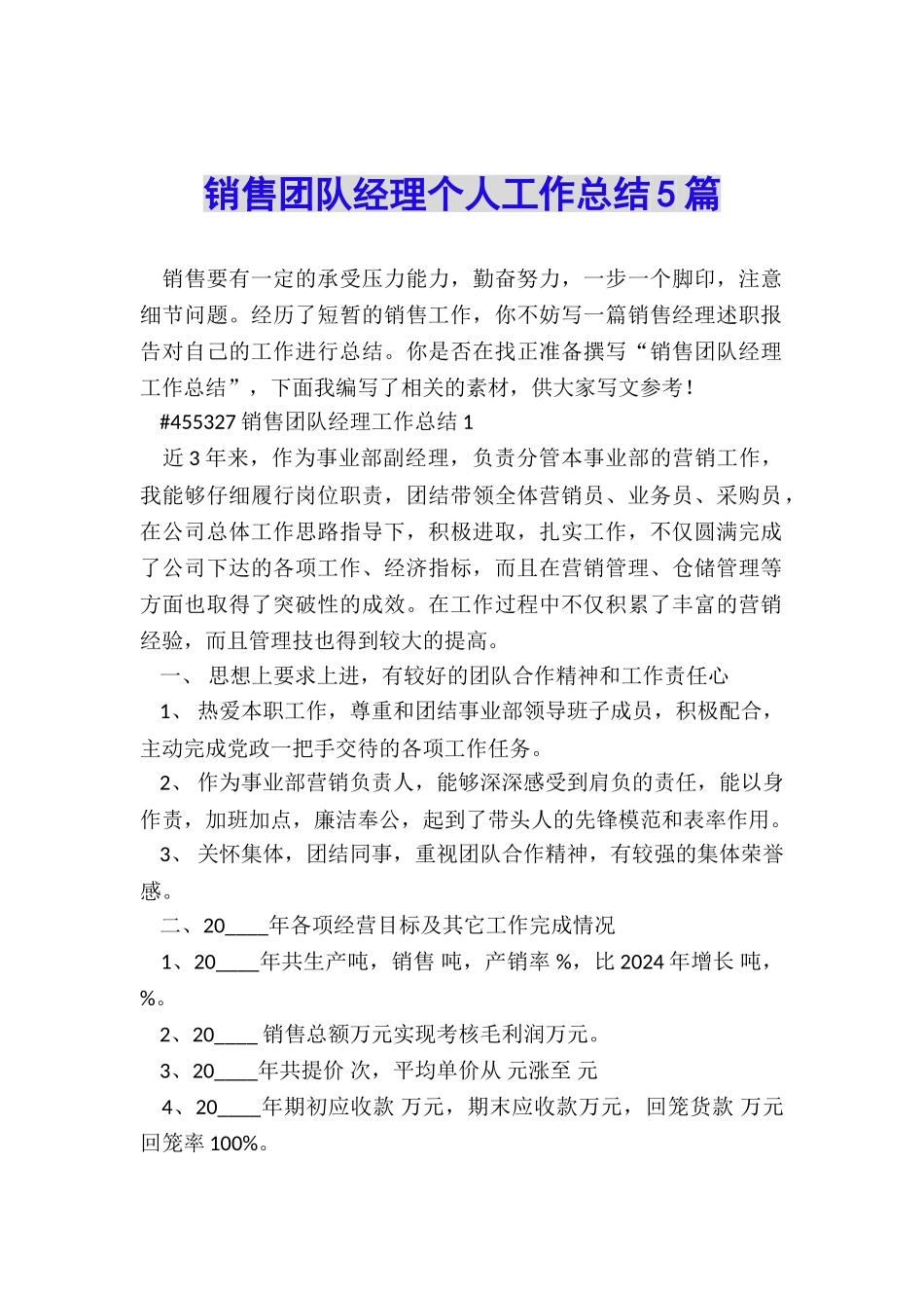 销售团队经理个人工作总结5篇_第1页