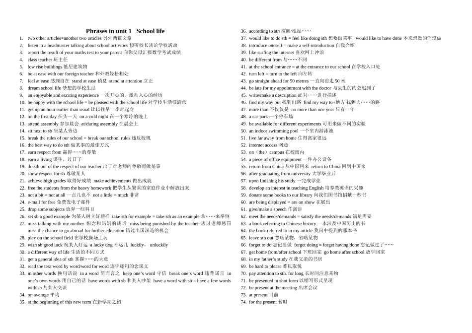 Unit 1 School life 词组归纳(包含练习中的词组)_第1页