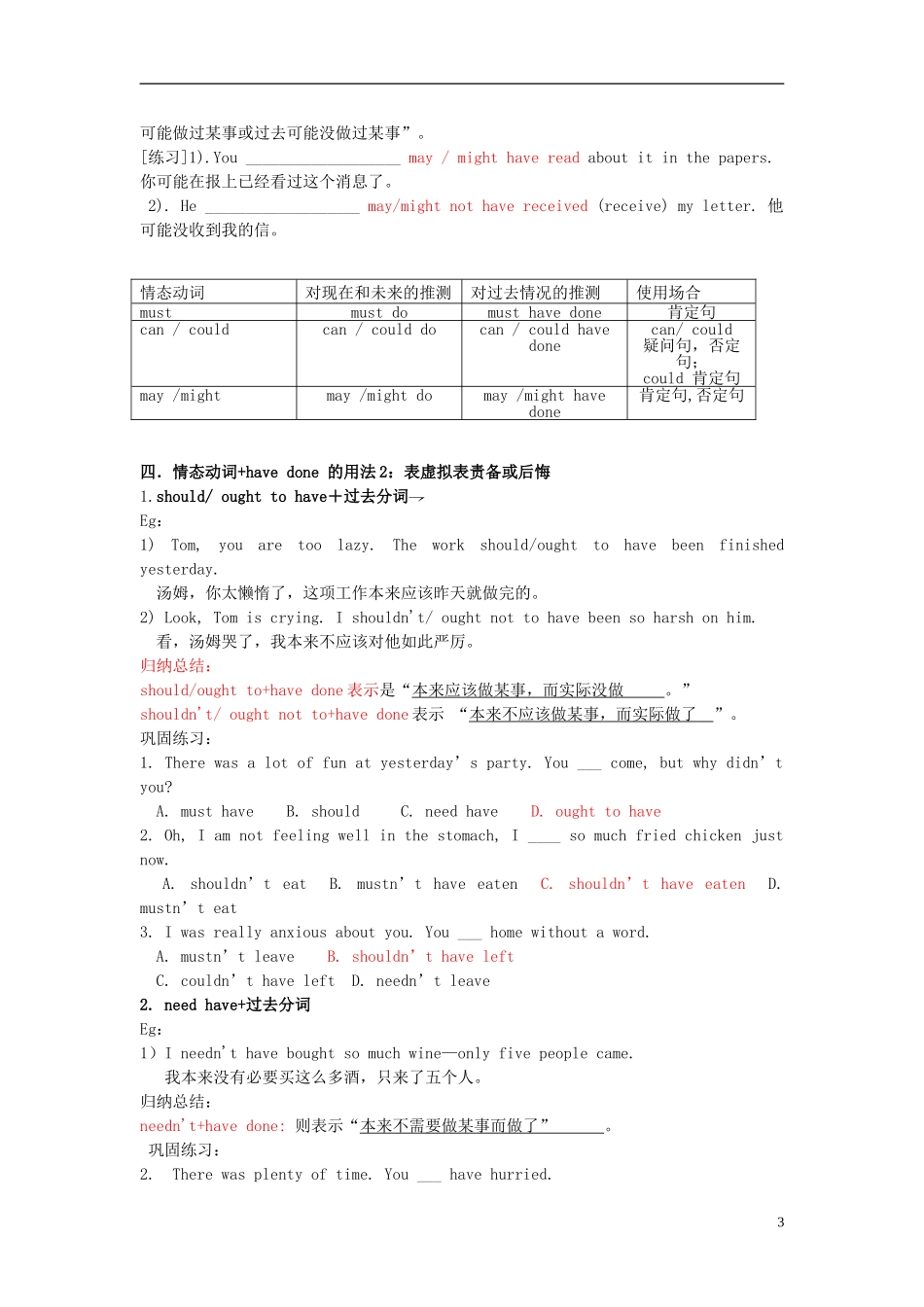 Unit 2 Healthy eating Grammar 情态动词II（教师版）_第3页