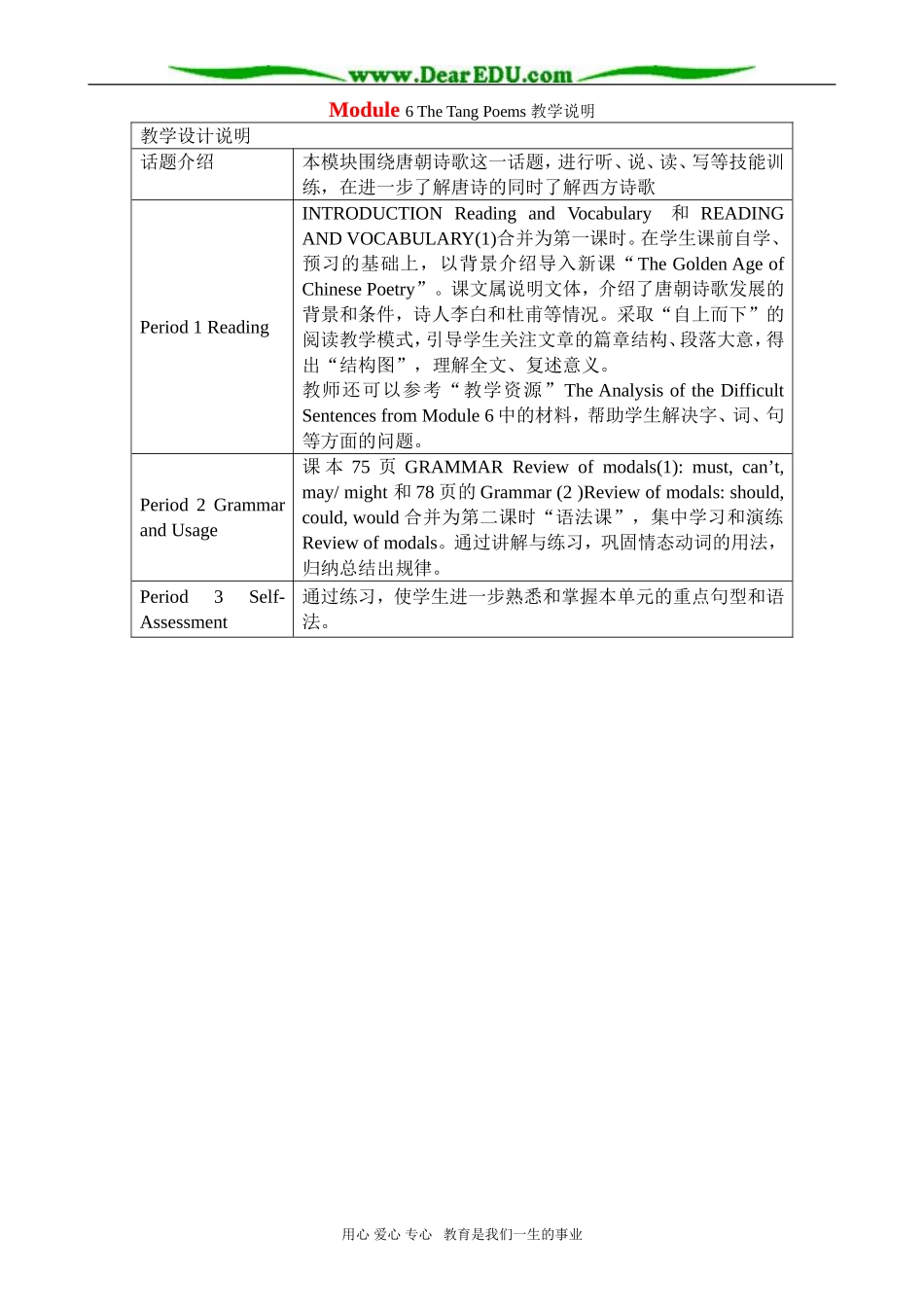 Module 6 The Tang Poems 教学说明 外研版必修8_第1页