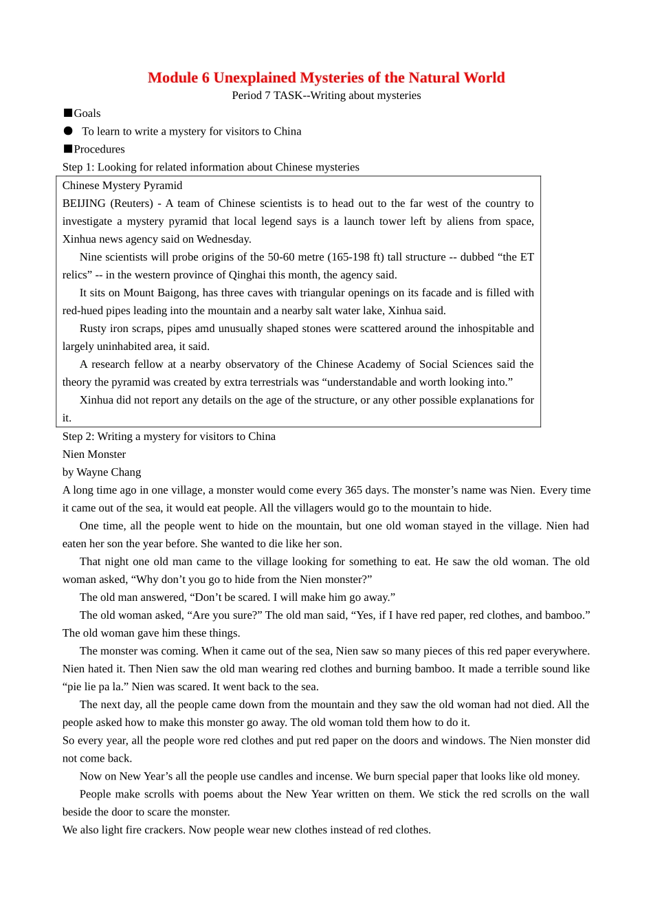 Module 6 Unexplained Mysteries of the Natural World TASK 外研版必修4_第1页