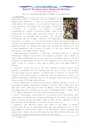 Module2 The Renaissance Background Readings 外研版必修8