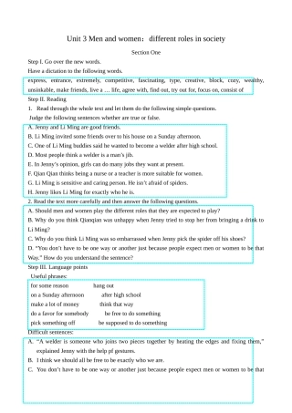 Unit 3 Men and women：different roles in society