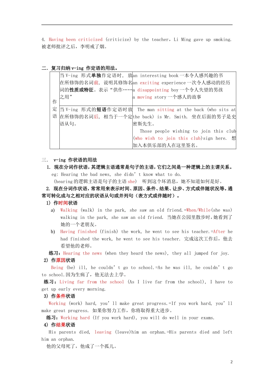Unit 4 Body language Grammar(ing作定语、状语)（教师版）_第2页