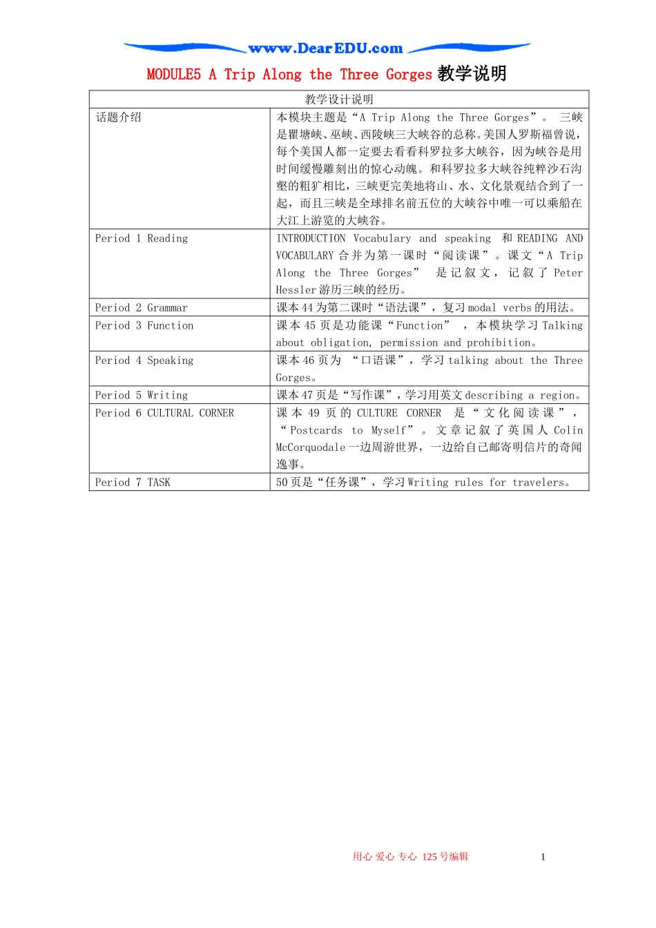 Module5 A Trip Along the Three Gorges 教学说明 外研版必修4_第1页