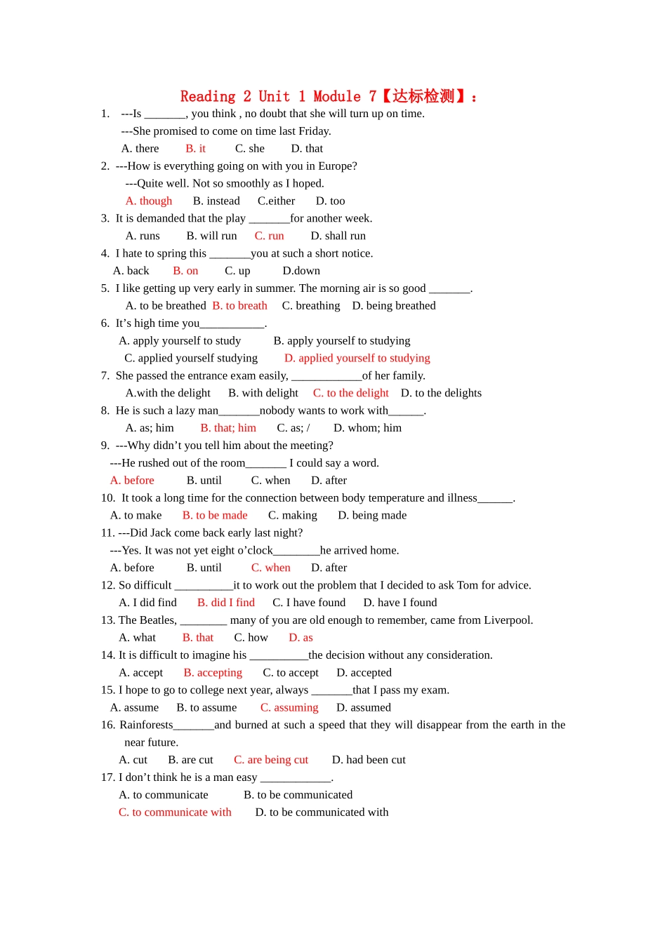 Module7 Unit1 Reading 2 达标检测_第1页