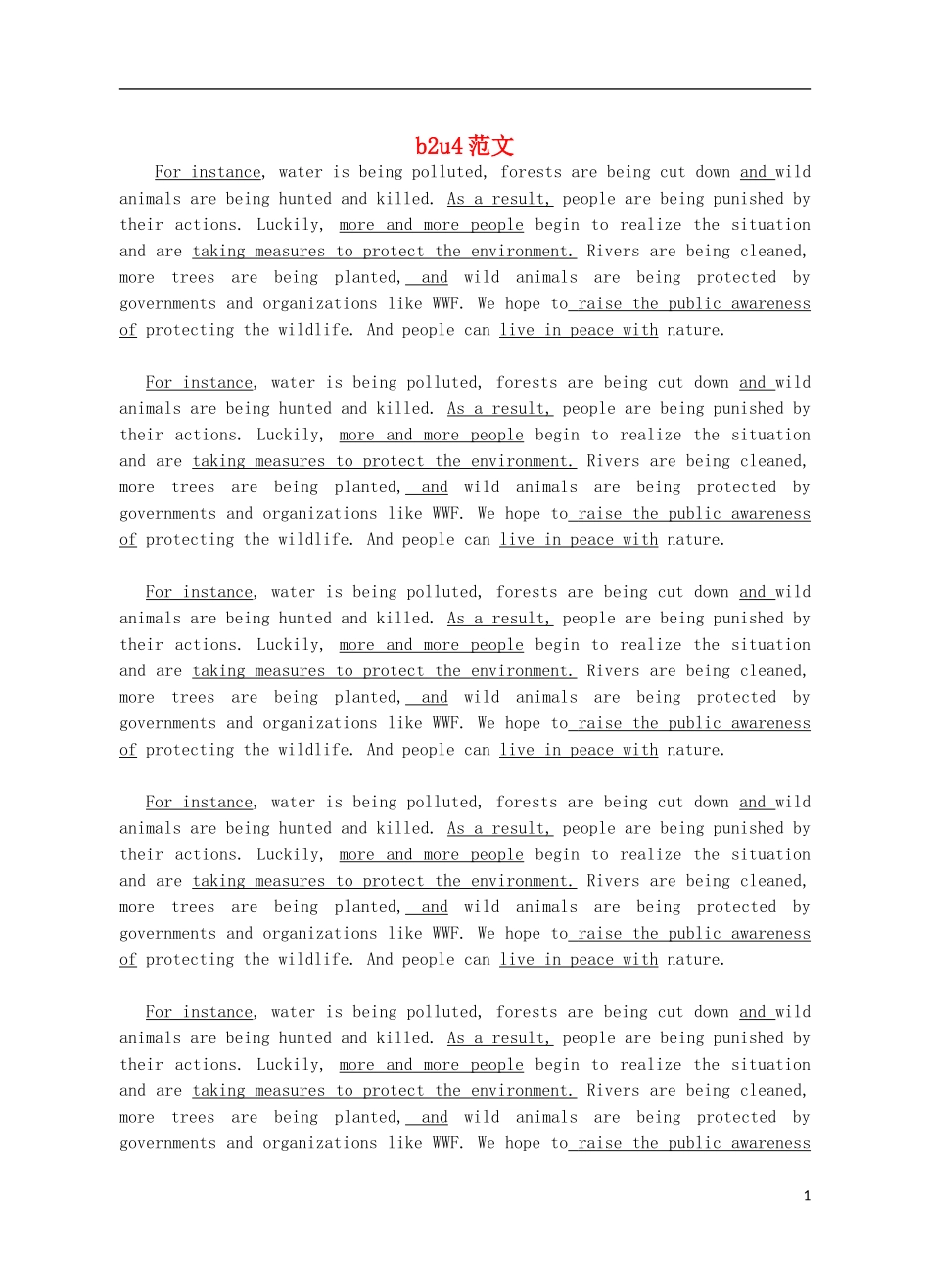 Unit 4 Wildlife Protection writing范文_第1页