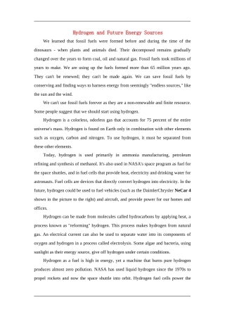 Hydrogen and Future Energy Sources