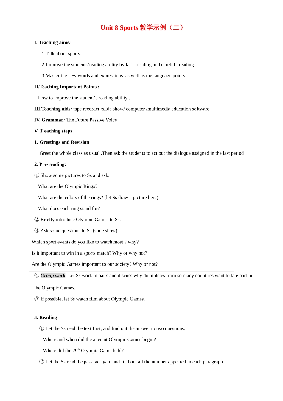 Unit 8 Sports教学示例二-新人教版高一全册英语教案_第1页