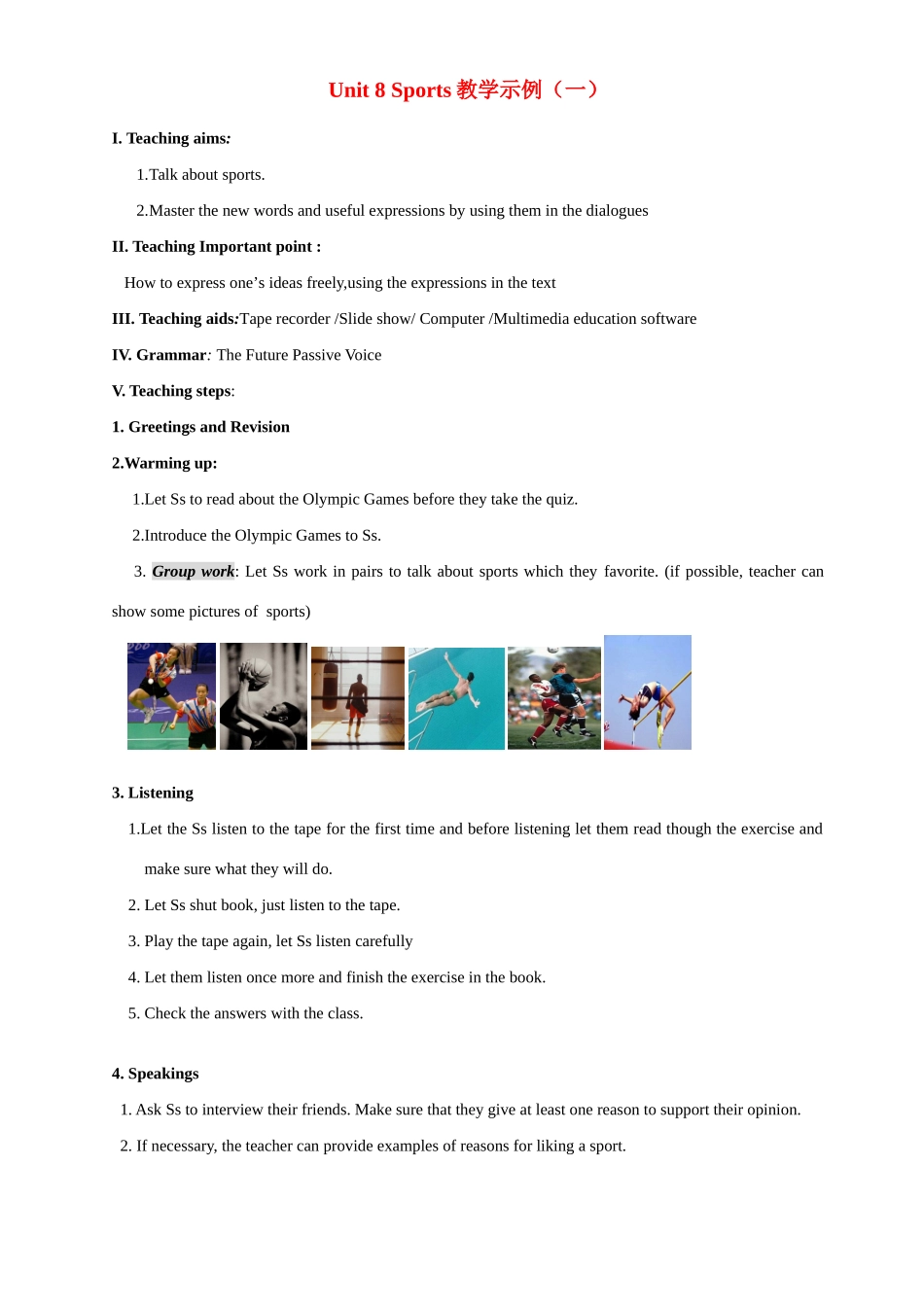 Unit 8 Sports教学示例一-新人教版高一全册英语教案_第1页