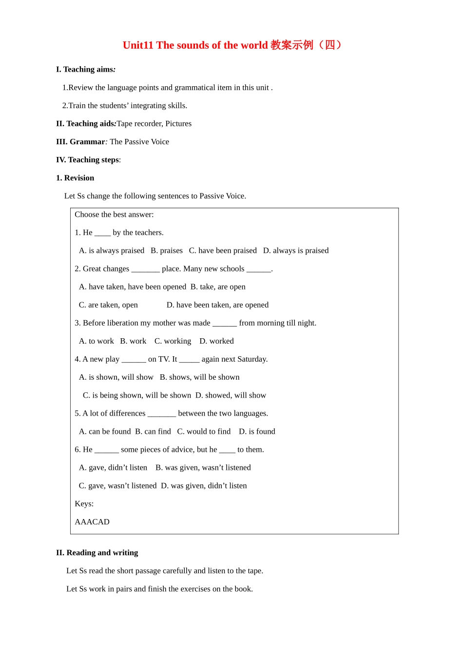 Unit11 The sounds of the world教案示例四-新人教版高一全册英语教案_第1页