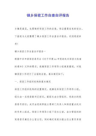 镇乡保密工作自查自评报告-