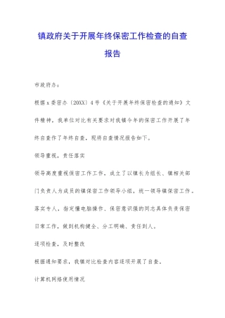 镇政府关于开展年终保密工作检查的自查报告-