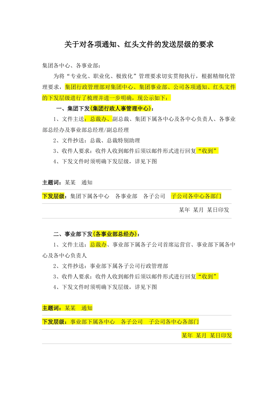 集团化管理关于对各项通知、红头文件的发送层级的要求_第1页