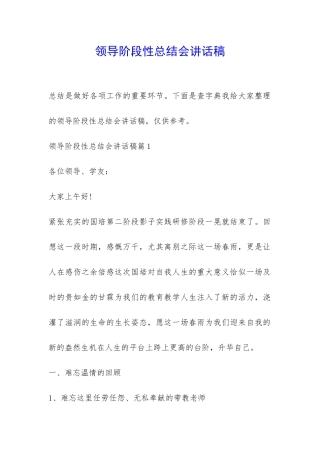 领导阶段性总结会讲话稿-