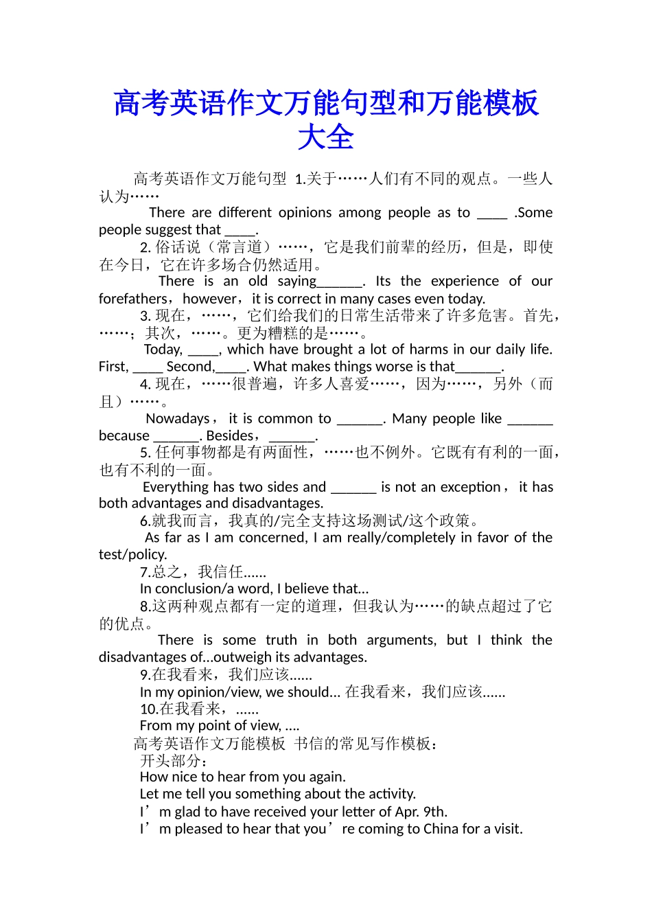 高考英语作文万能句型和万能模板大全_第1页