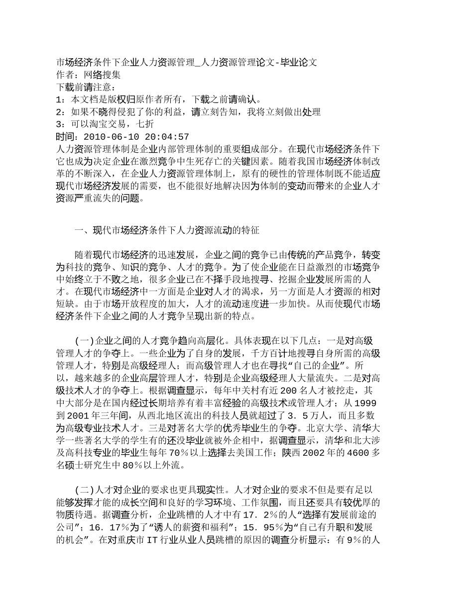 【2022精编】【精品文档-管理学】市场经济条件下企业人力资源管理_人力资源_第1页