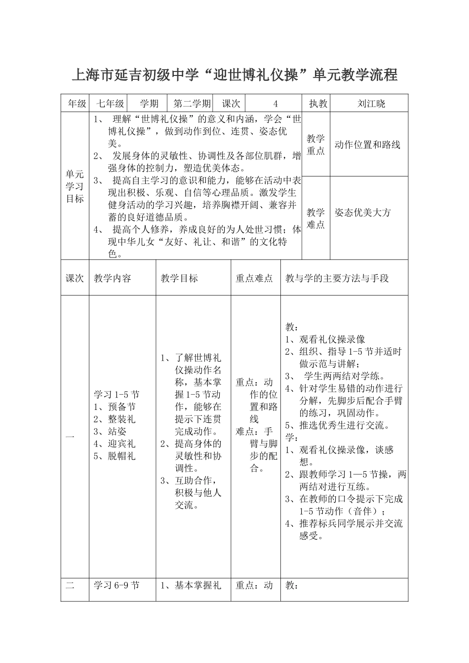 【2022精编】上海市延吉初级中学“迎世博礼仪操”单元教学流程_第1页
