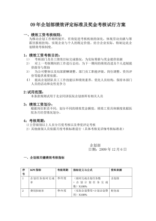 09年企划部绩效评定标准及奖金考核试行方案