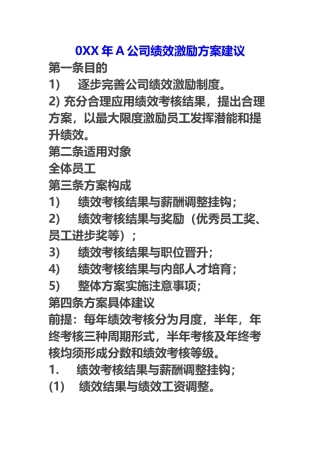 0XX年A公司绩效激励方案建议