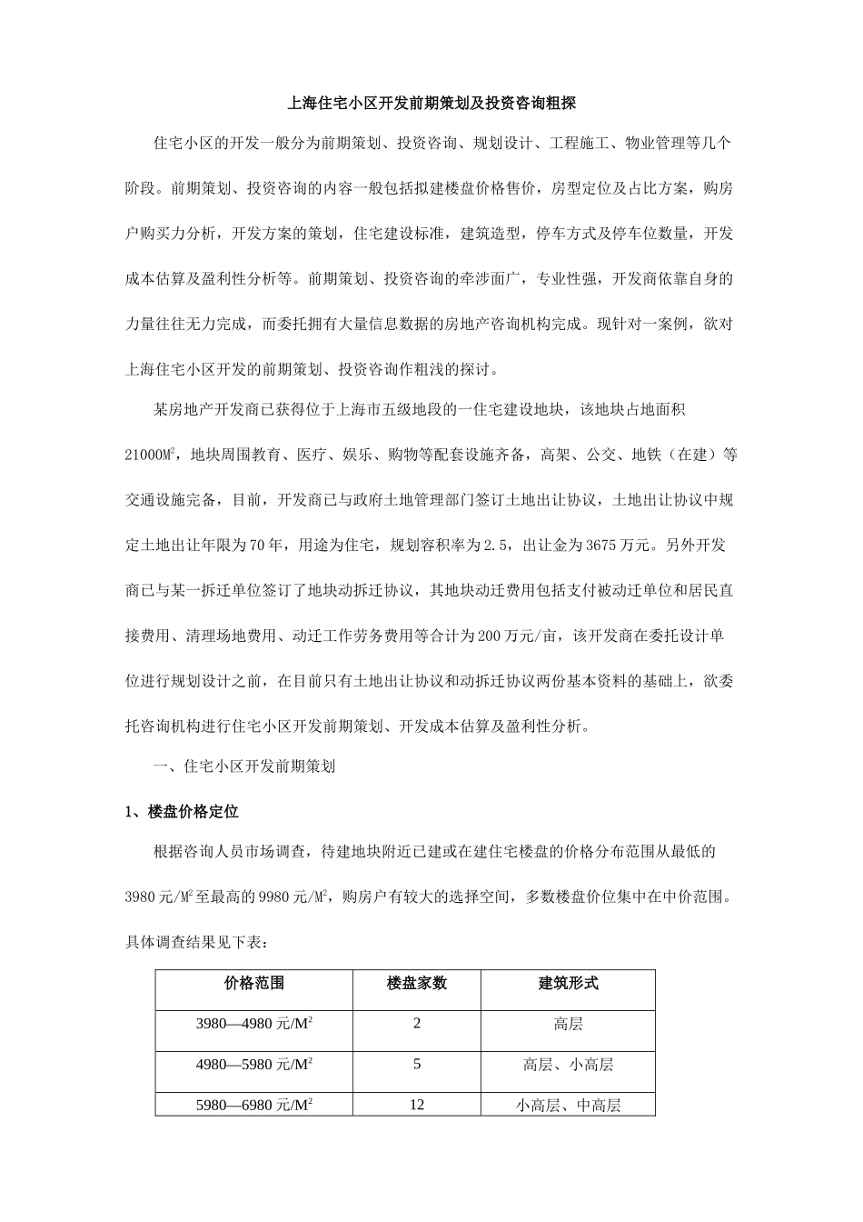 【2022精编】上海住宅小区开发前期策划及投资咨询初探_第1页