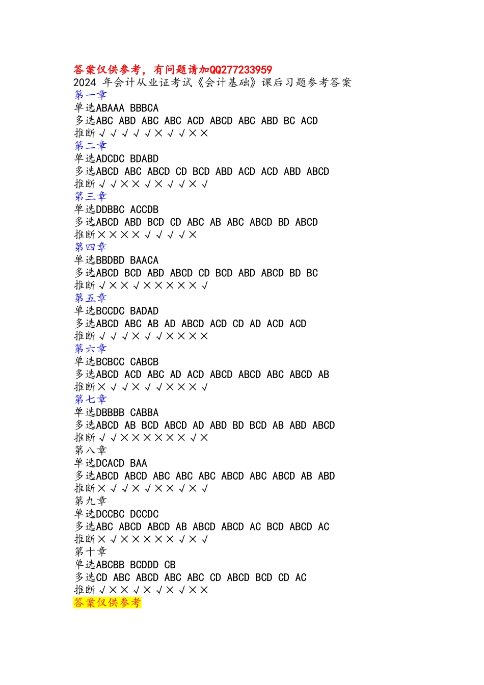 2024会计基础课后习题参考 答案_第1页