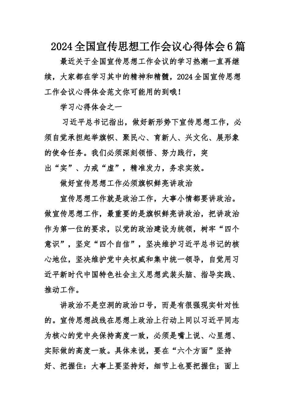 2024全国宣传思想工作会议心得体会6篇_第1页