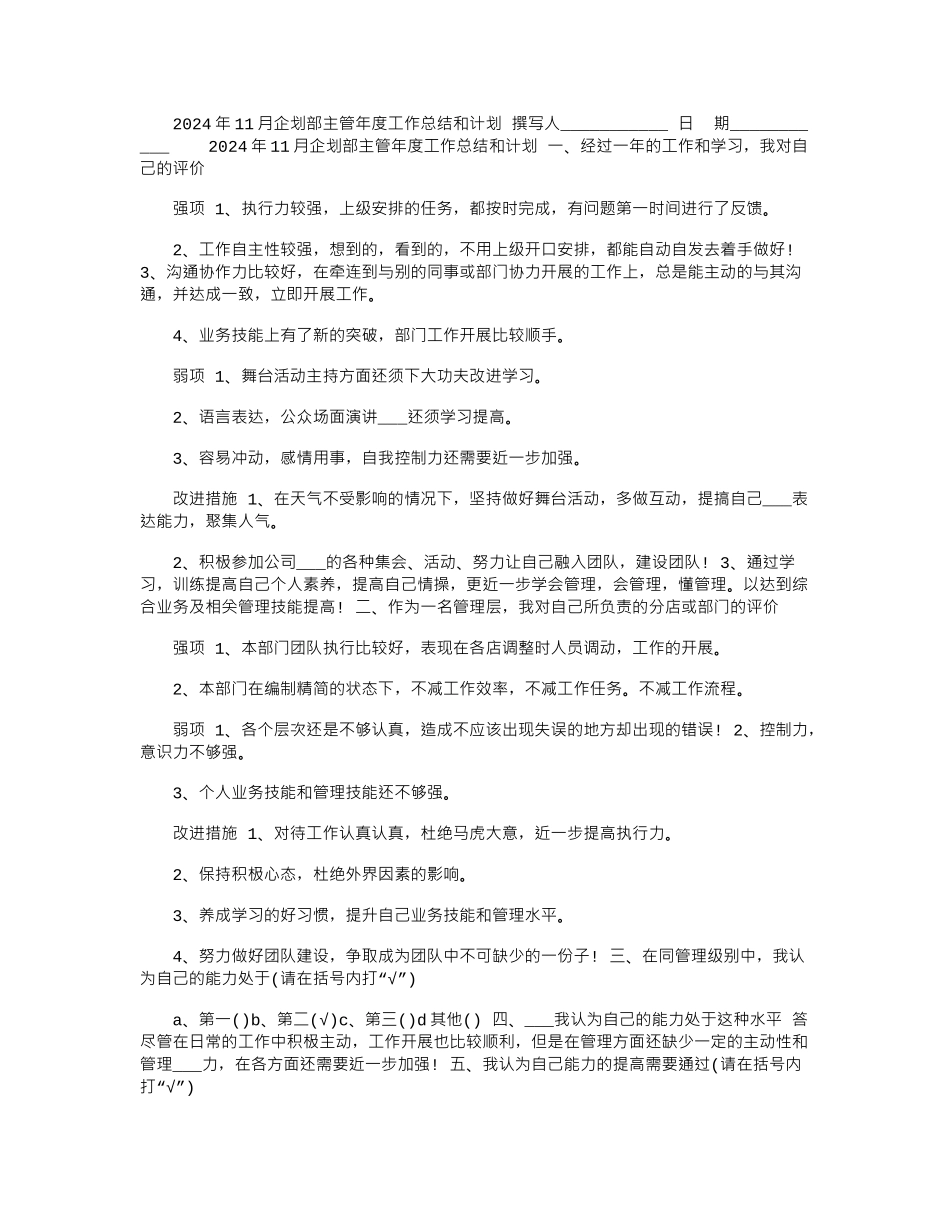 2024年11月企划部主管年度工作总结和计划_第1页