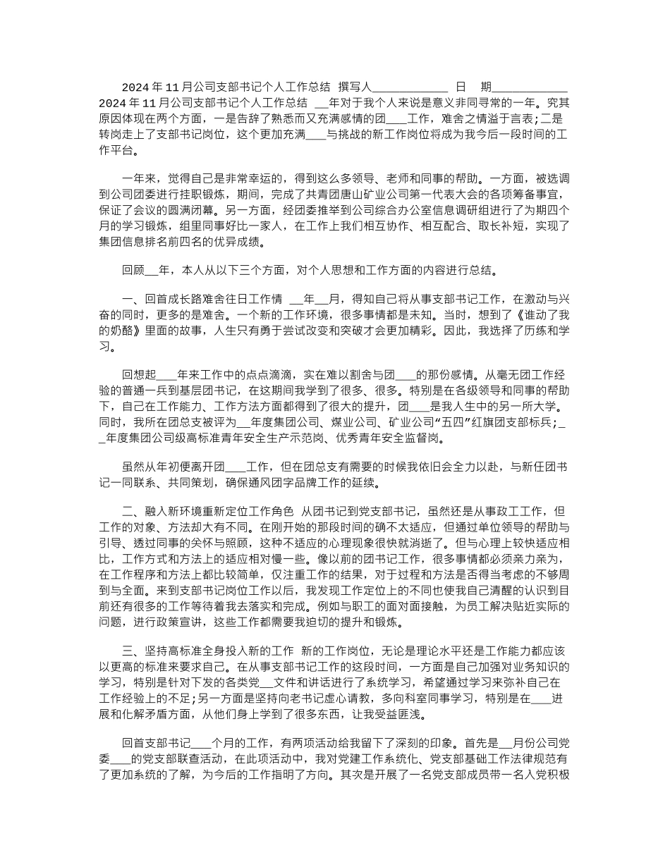 2024年11月公司支部书记个人工作总结_第1页