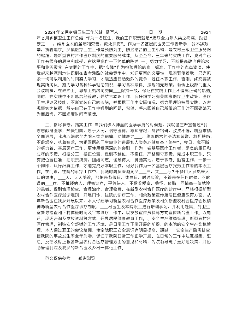 2024年2月乡镇卫生工作总结_第1页