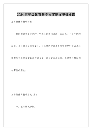 2024年五年级体育教学计划范文集锦6篇