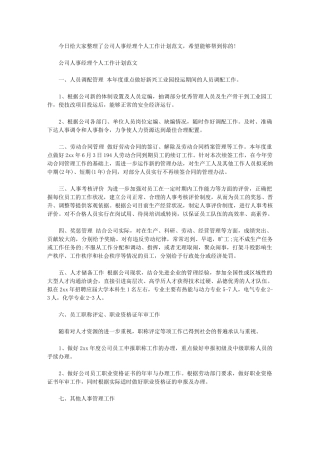 2024年公司人事经理个人工作计划例文