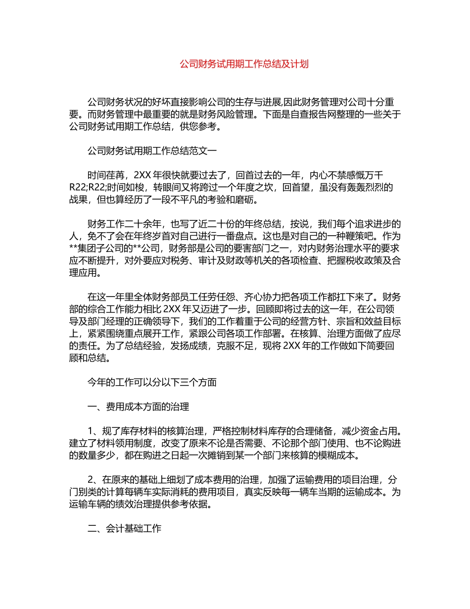 2024年公司财务试用期工作总结及计划word版_第1页