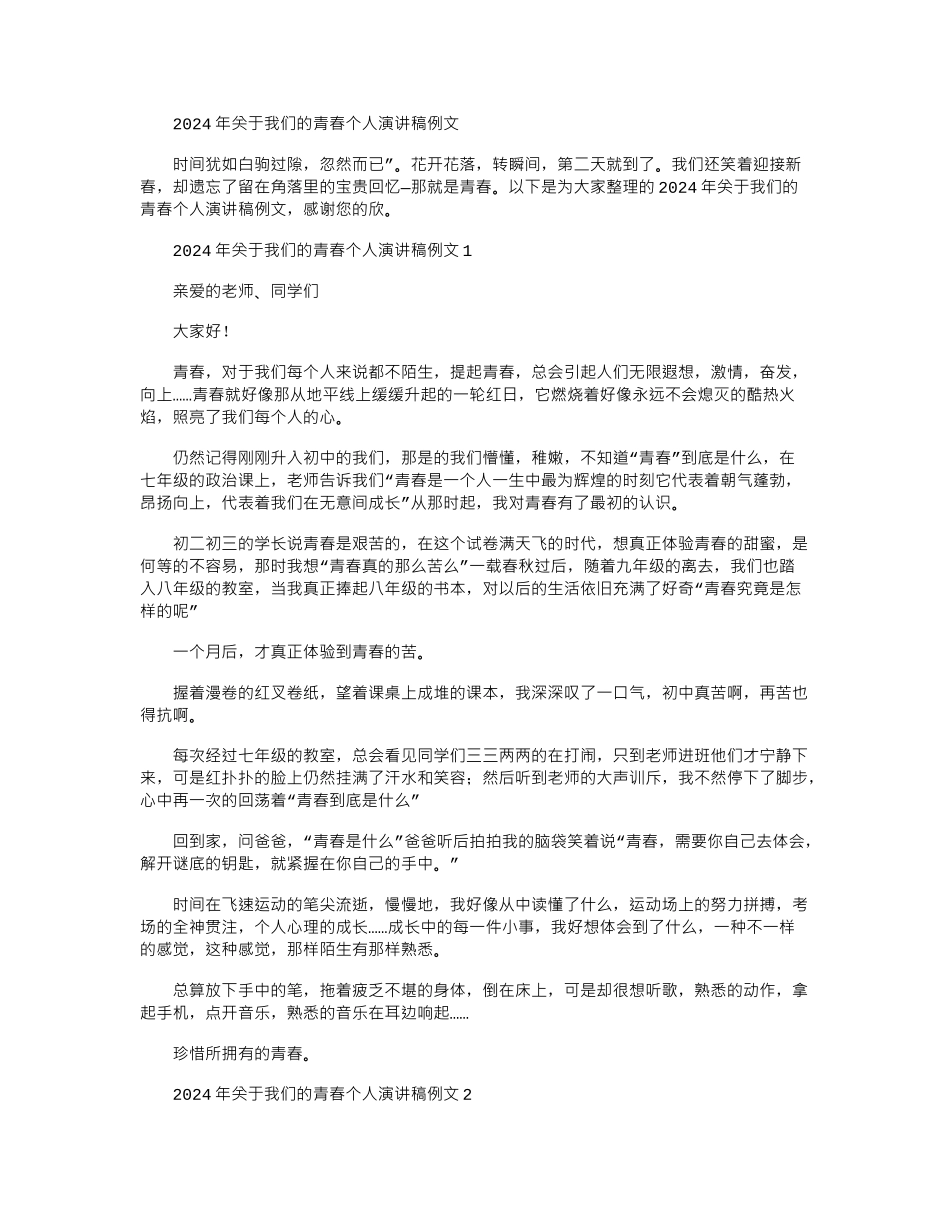 2024年关于我们的青春个人演讲稿例文_第1页