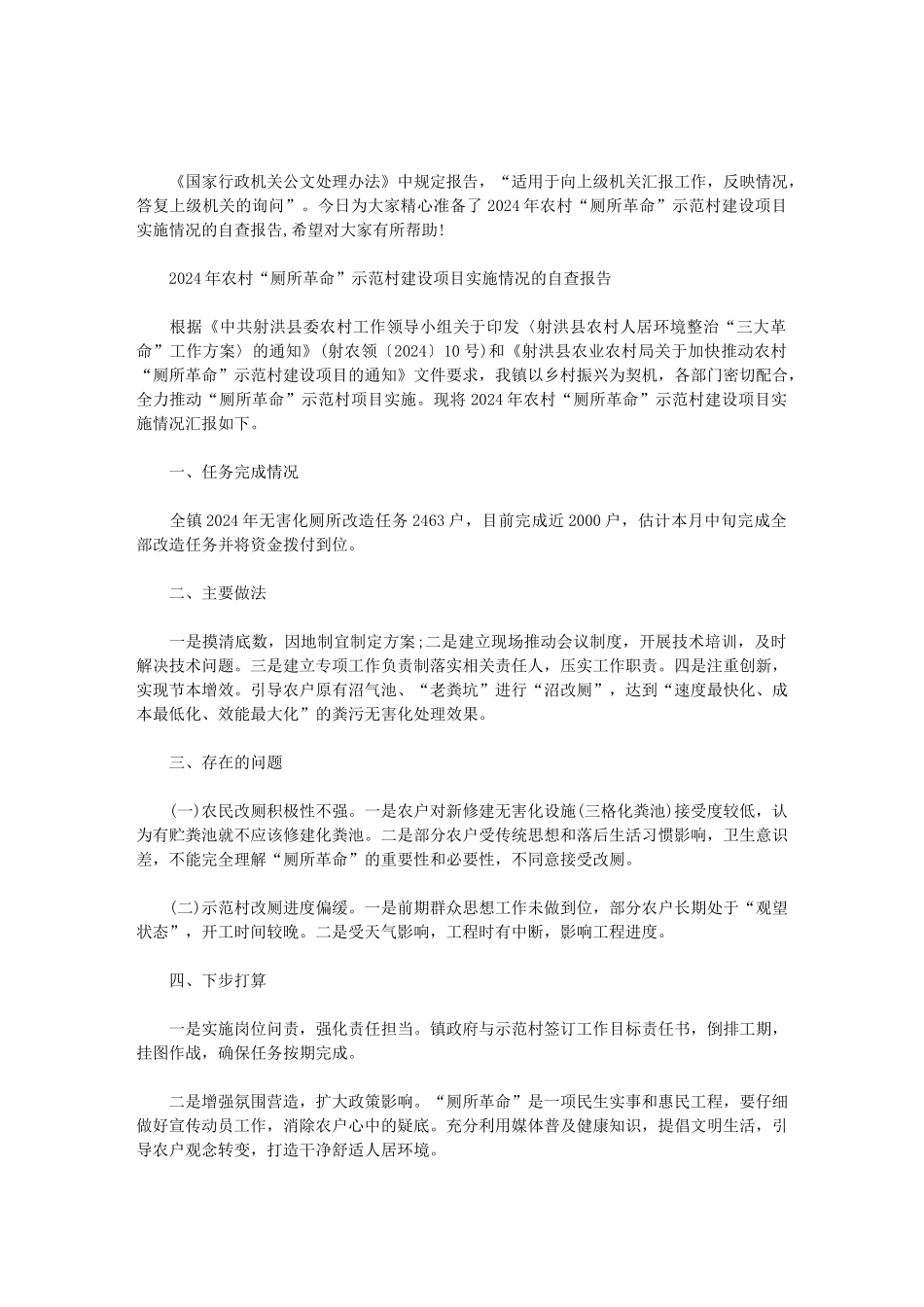 2024年农村“厕所革命”示范村建设项目实施情况的自查报告范文_第1页