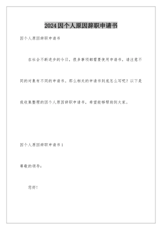 2024年因个人原因辞职申请书