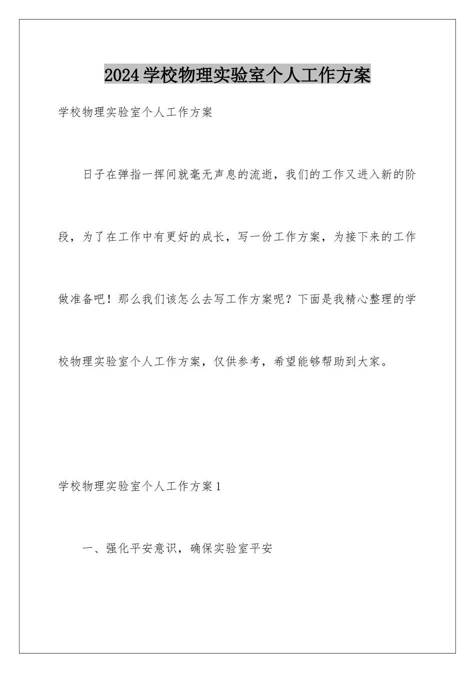 2024年学校物理实验室个人工作计划_第1页