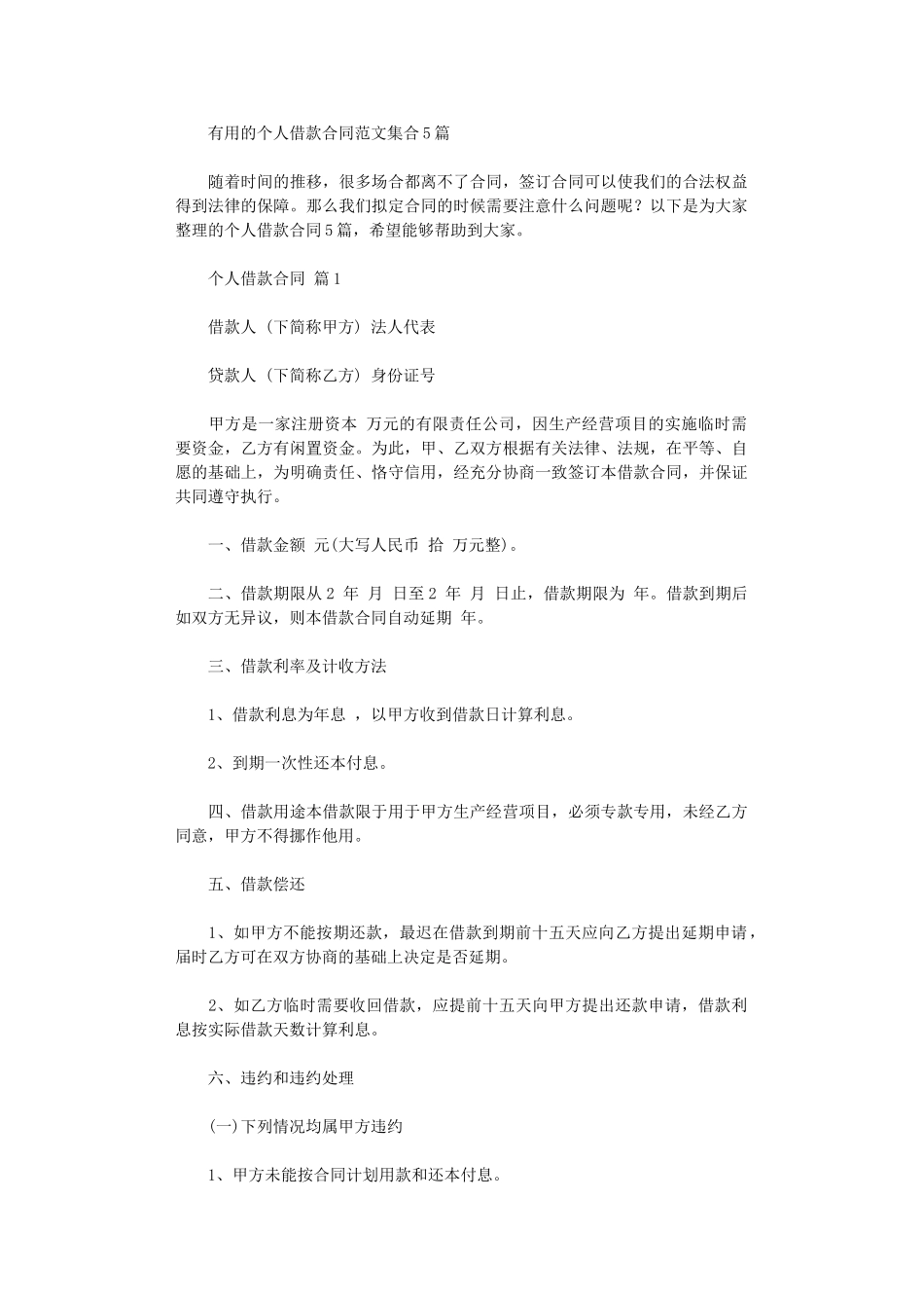 2024年实用的个人借款合同范文集合5篇word版_第1页