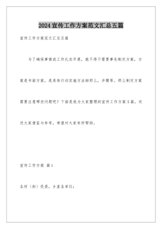 2024年宣传工作方案范文汇总五篇