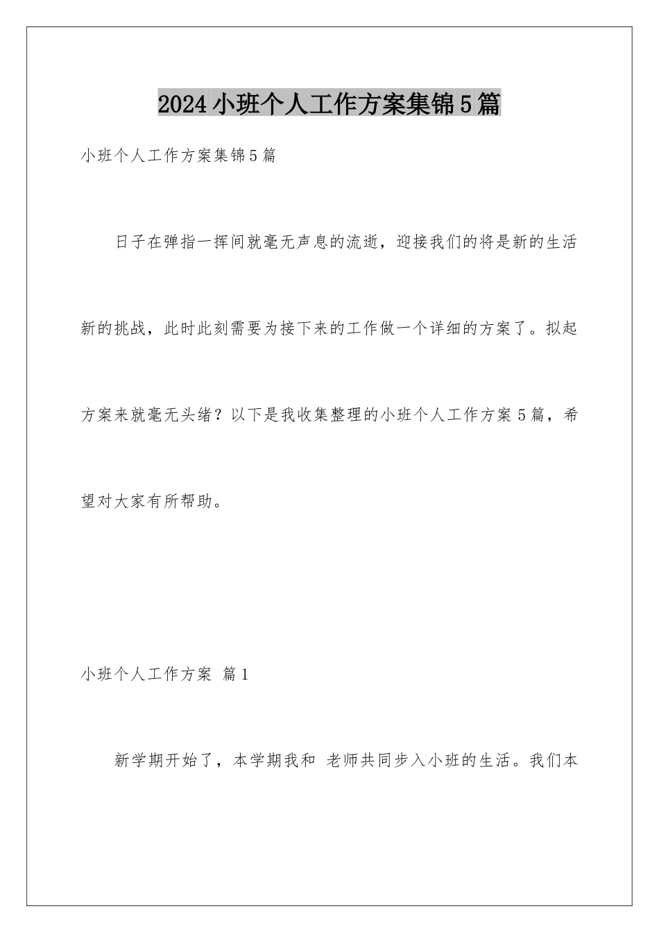 2024年小班个人工作计划集锦5篇_第1页